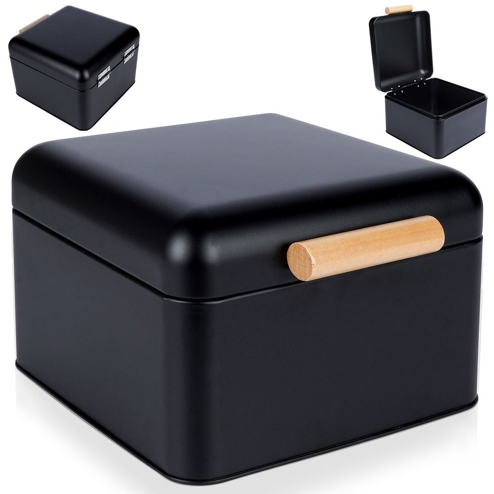 Compact black metal bread box with hinged lid