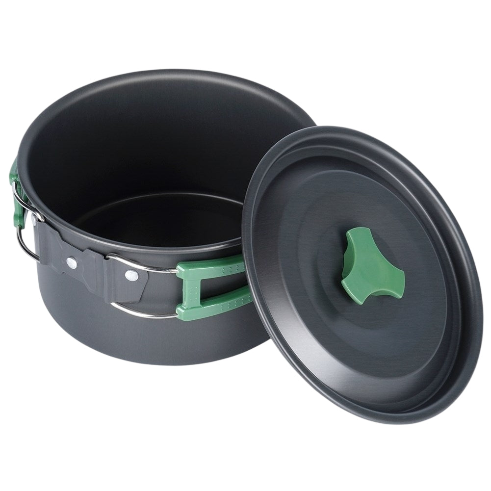 Compact camping kitchen set: pot, frying pan, kettle