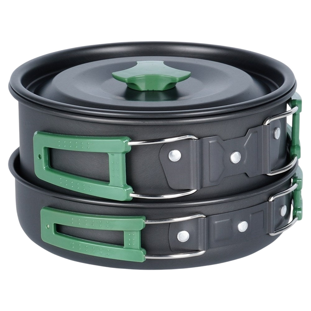 Compact camping kitchen set: pot, frying pan, kettle