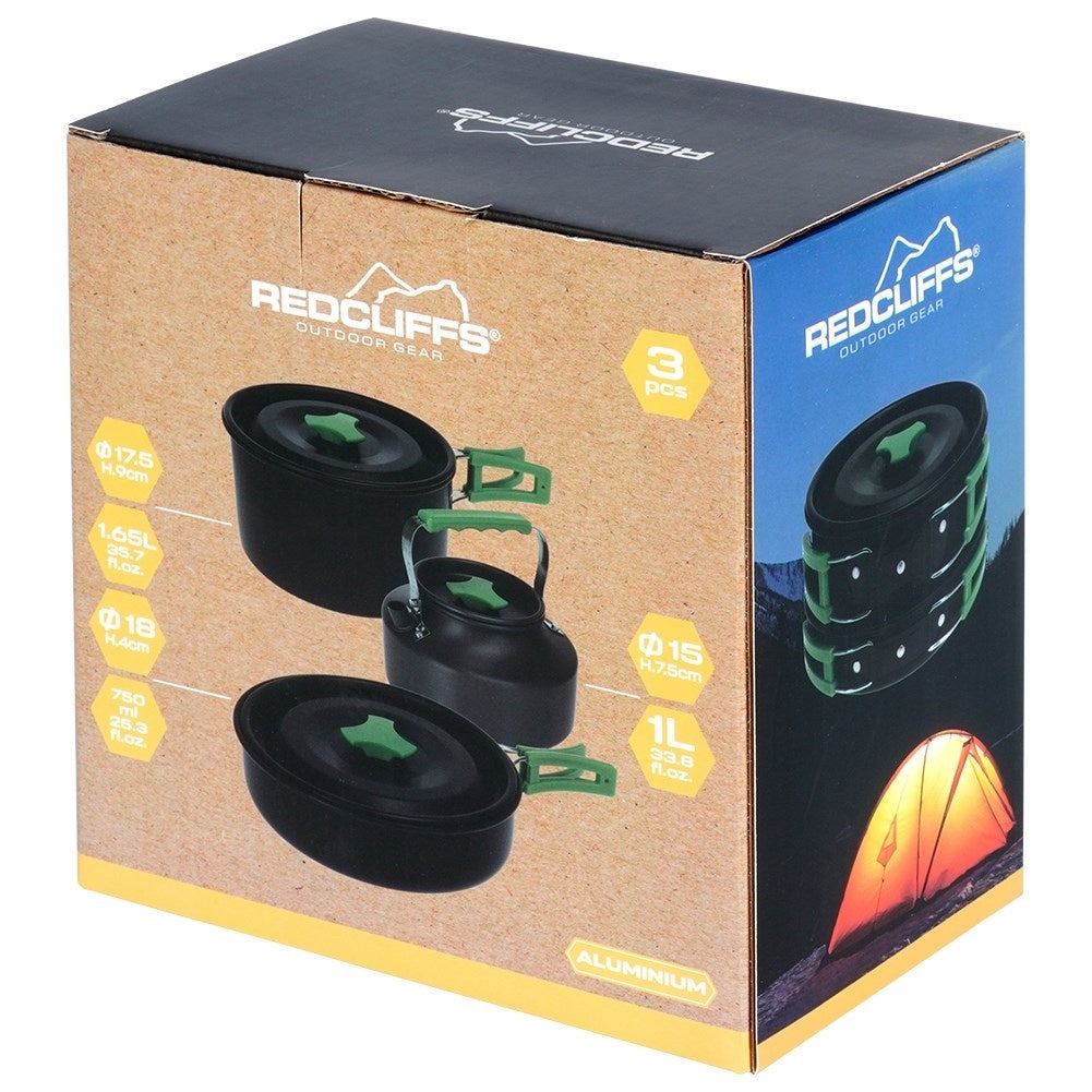 Compact camping kitchen set: pot, frying pan, kettle