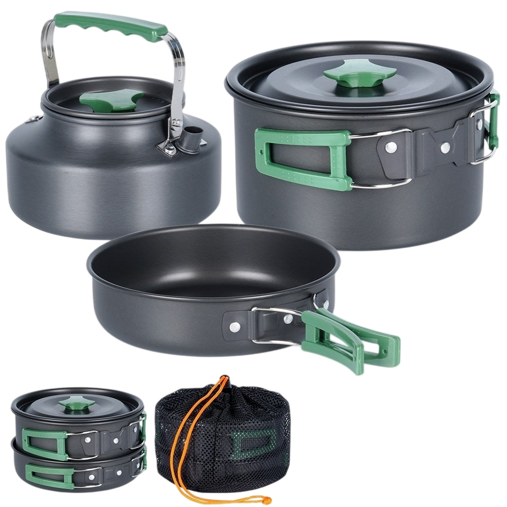 Compact camping kitchen set: pot, frying pan, kettle
