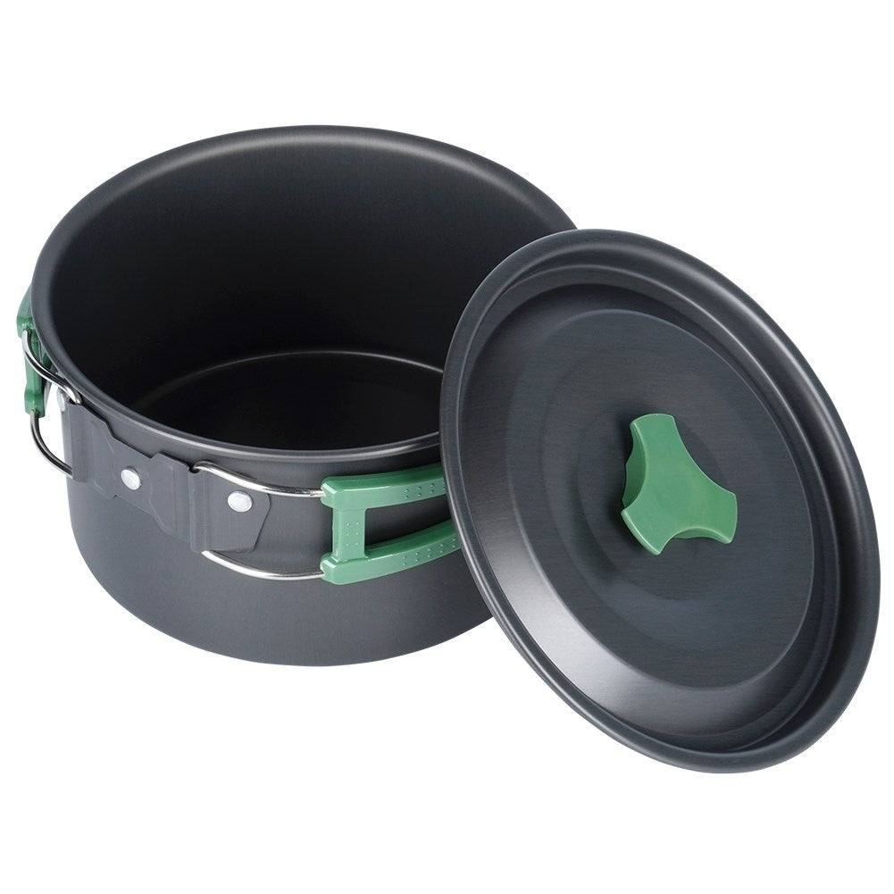 Compact camping kitchen set: pot, frying pan, kettle