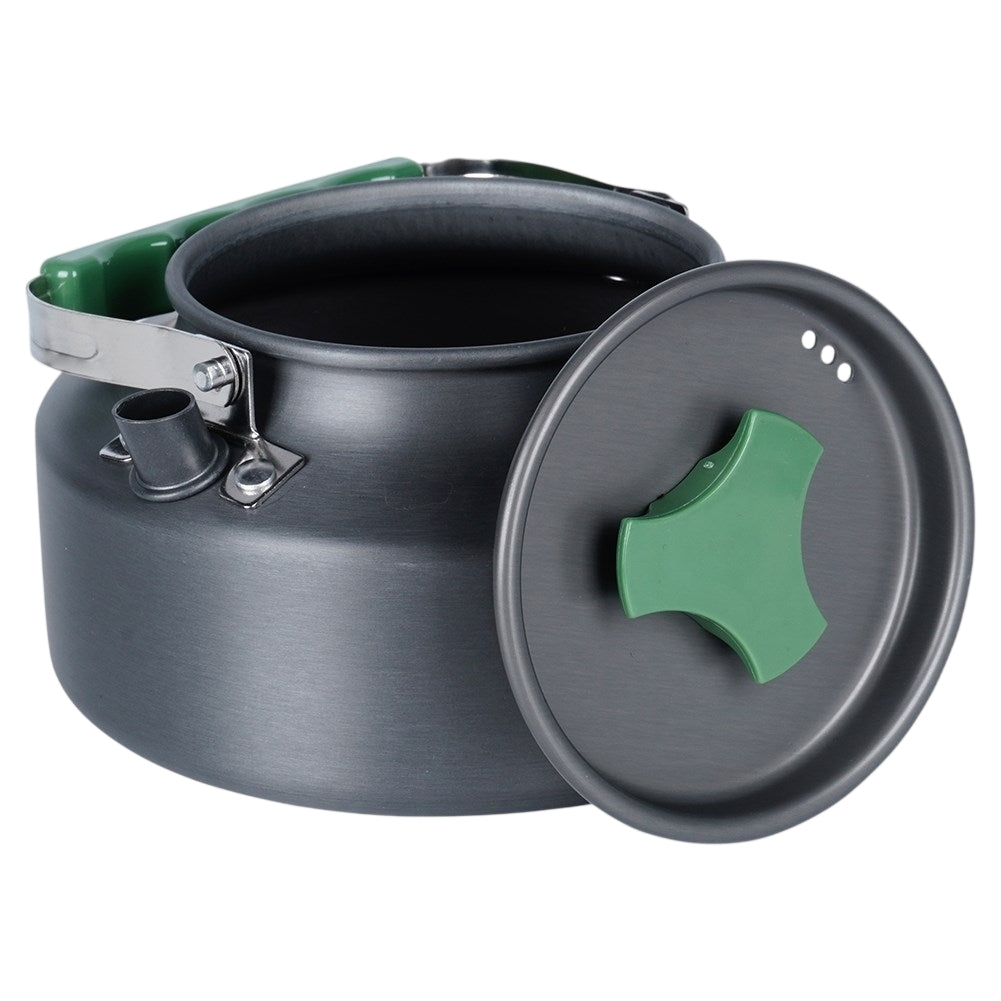 Compact camping kitchen set: pot, frying pan, kettle