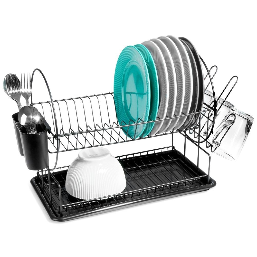 Compact two-tier black dish rack with draining tray