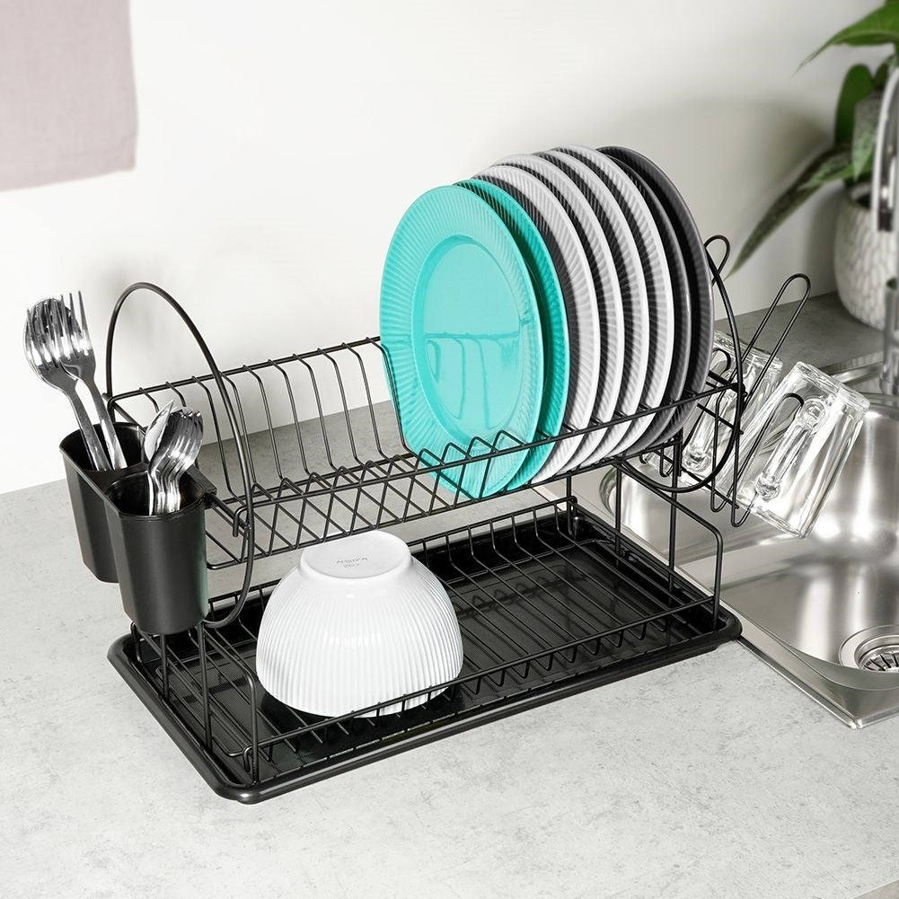 Compact two-tier black dish rack with draining tray