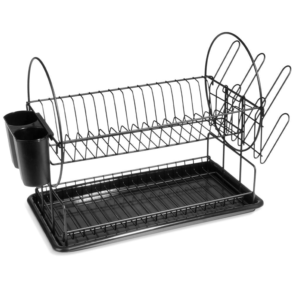 Compact two-tier black dish rack with draining tray