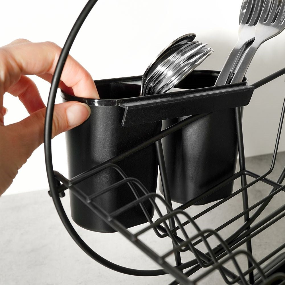 Compact two-tier black dish rack with draining tray
