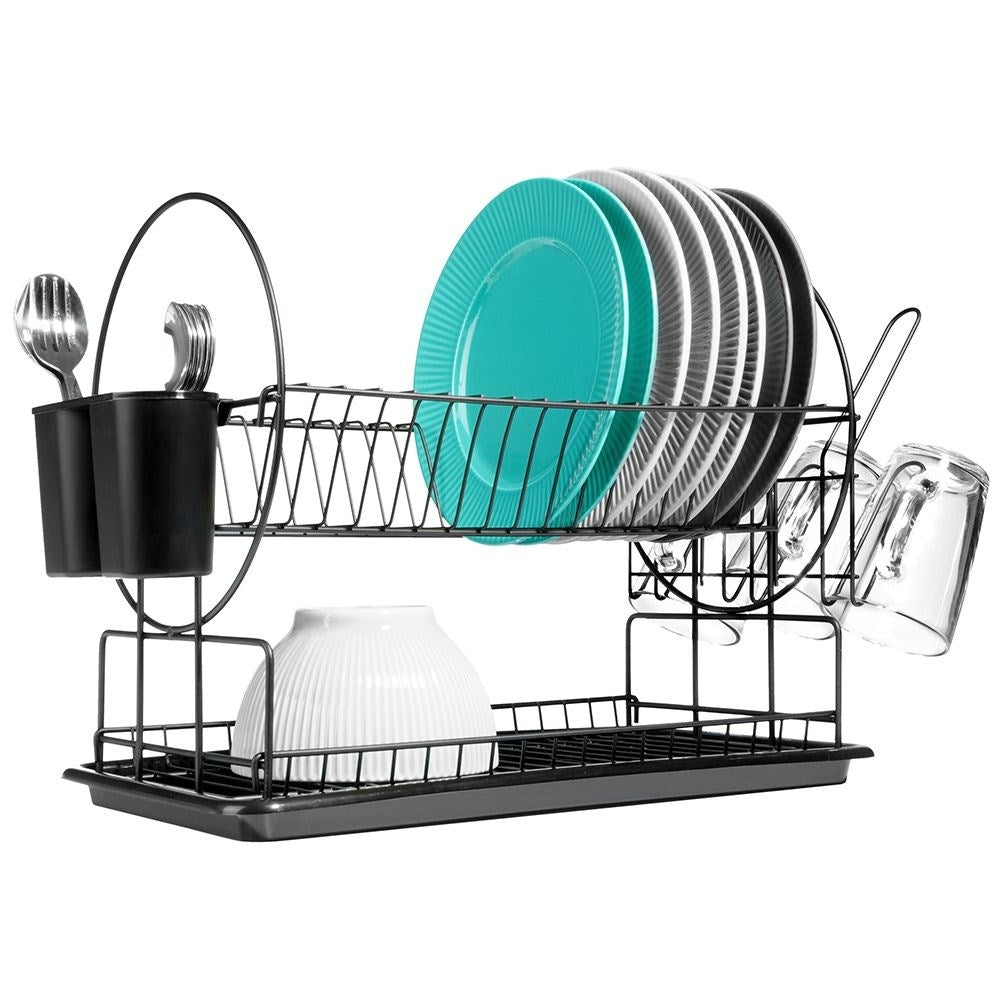 Compact two-tier black dish rack with draining tray