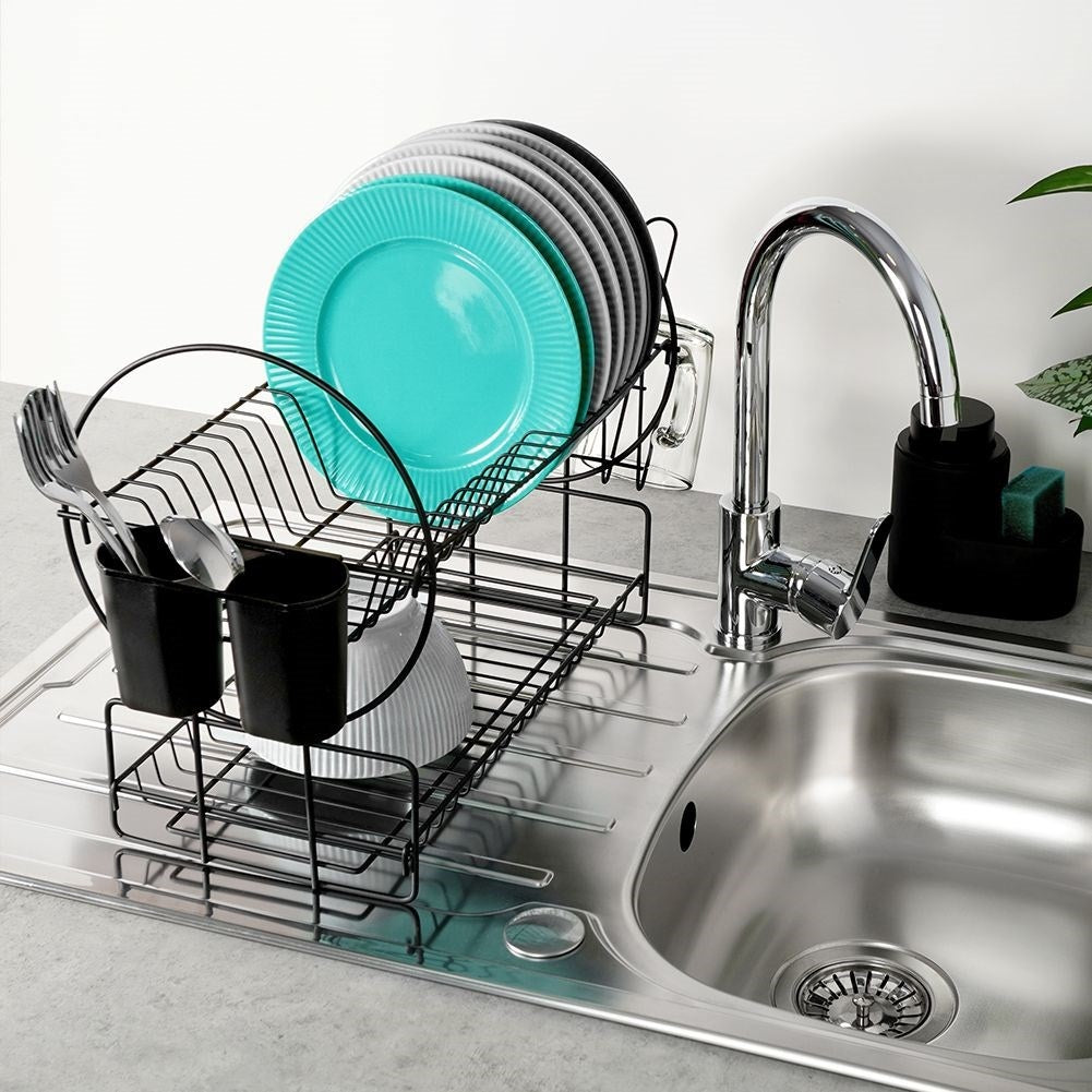 Compact two-tier black dish rack with draining tray