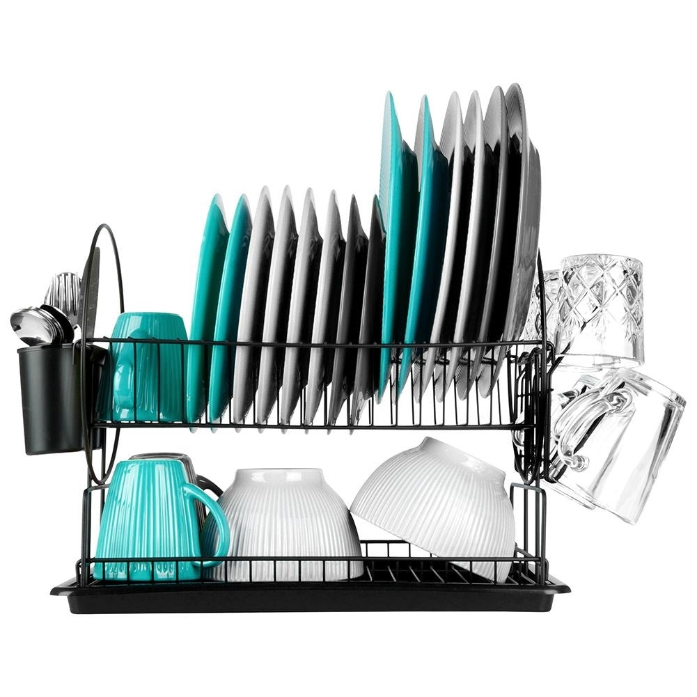 Compact two-tier black dish rack with draining tray
