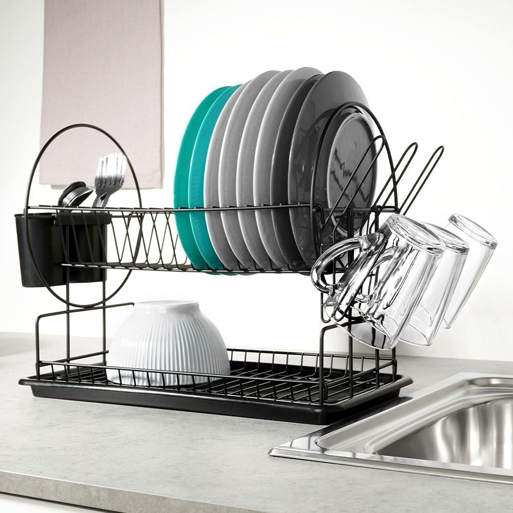 Compact two-tier black dish rack with draining tray