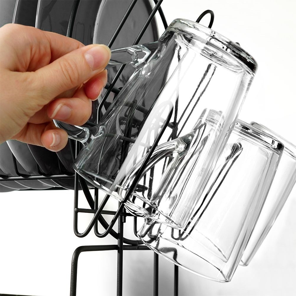 Compact two-tier black dish rack with draining tray