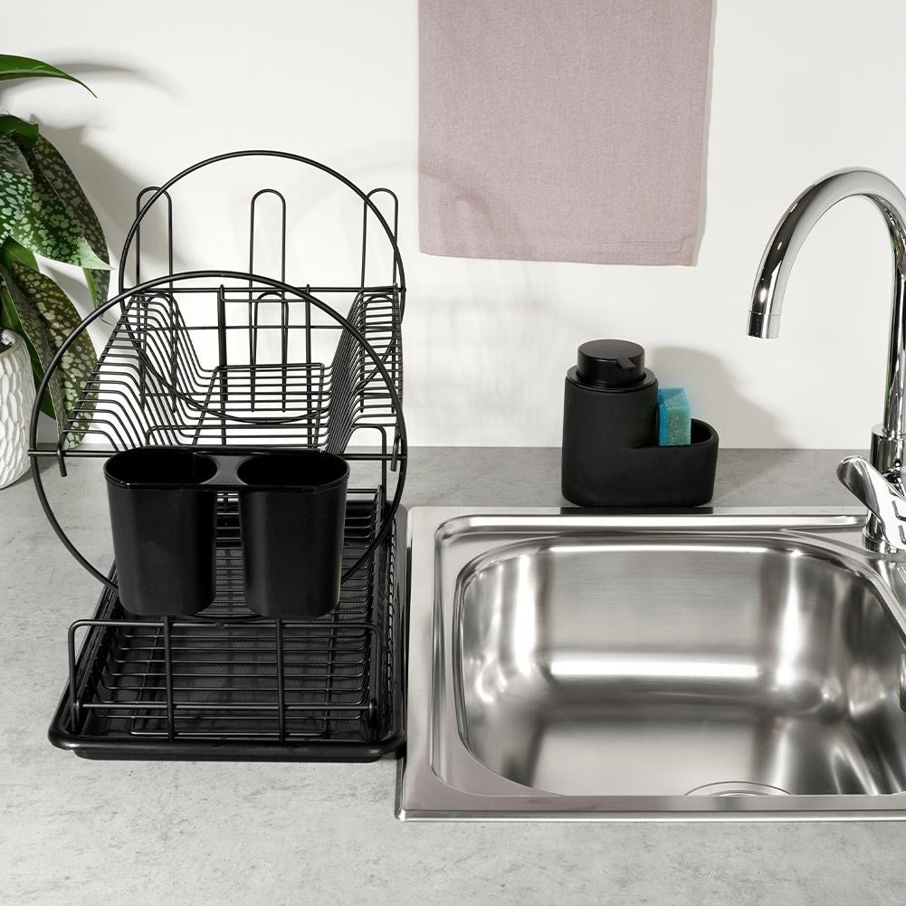 Compact two-tier black dish rack with draining tray
