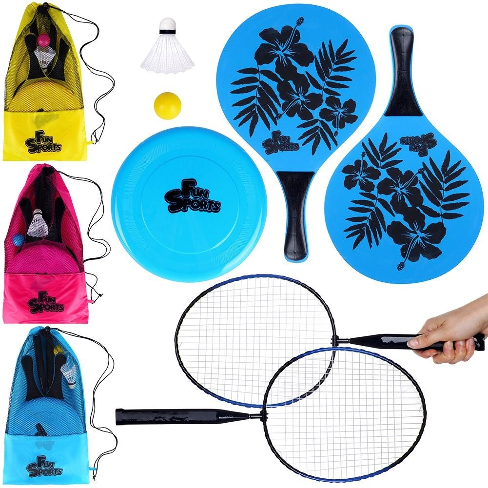 Complete Outdoor Playset for Fun ActivityComplete outdoor game set with throwing disc, badminton set and beach tennis set. Perfect for hours of fun outdoor activity.Outdoor PlaysetOur comprehensive outdoor play set includes a throwing disc, a
