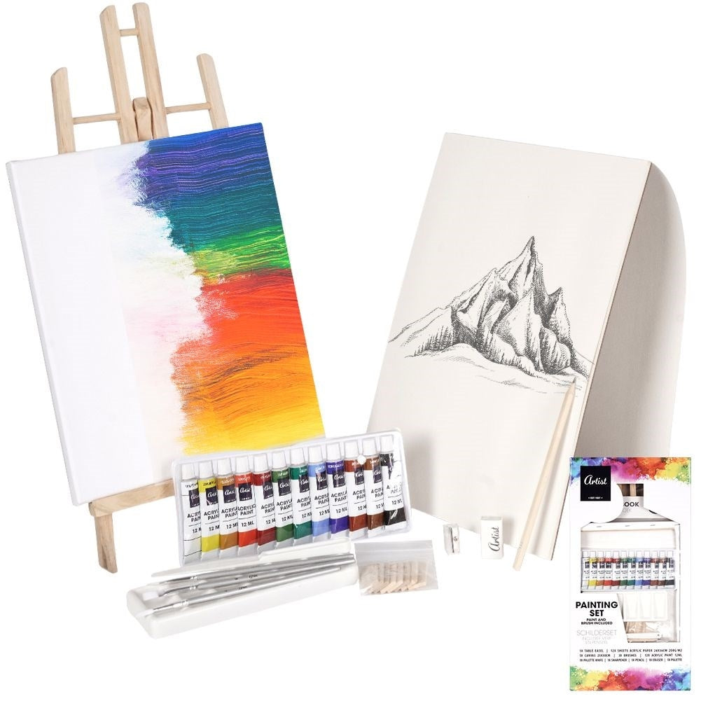 Complete artist set: easel, canvas, acrylic paints, accessories