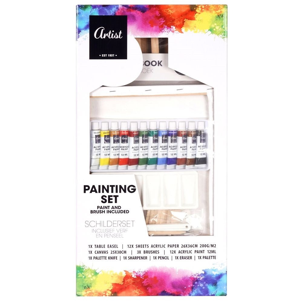 Complete artist set: easel, canvas, acrylic paints, accessories