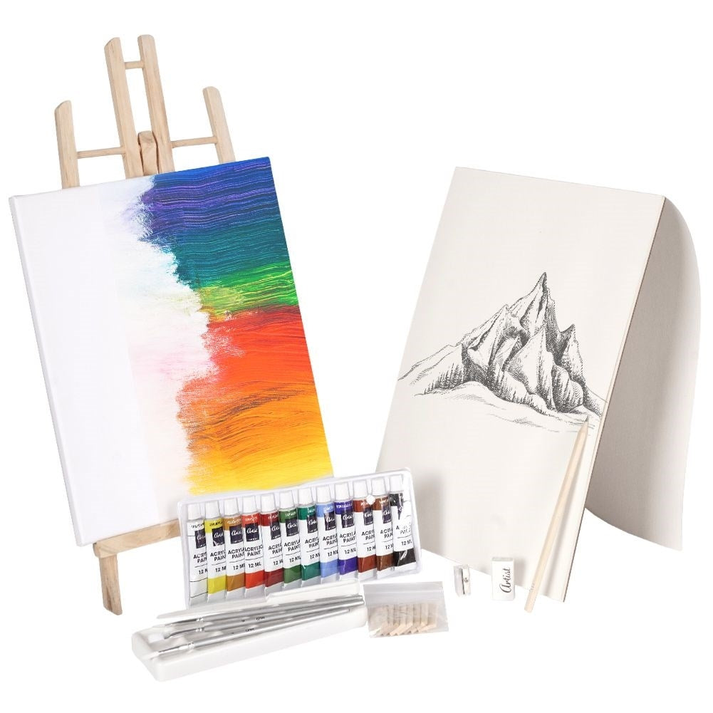 Complete artist set: easel, canvas, acrylic paints, accessories
