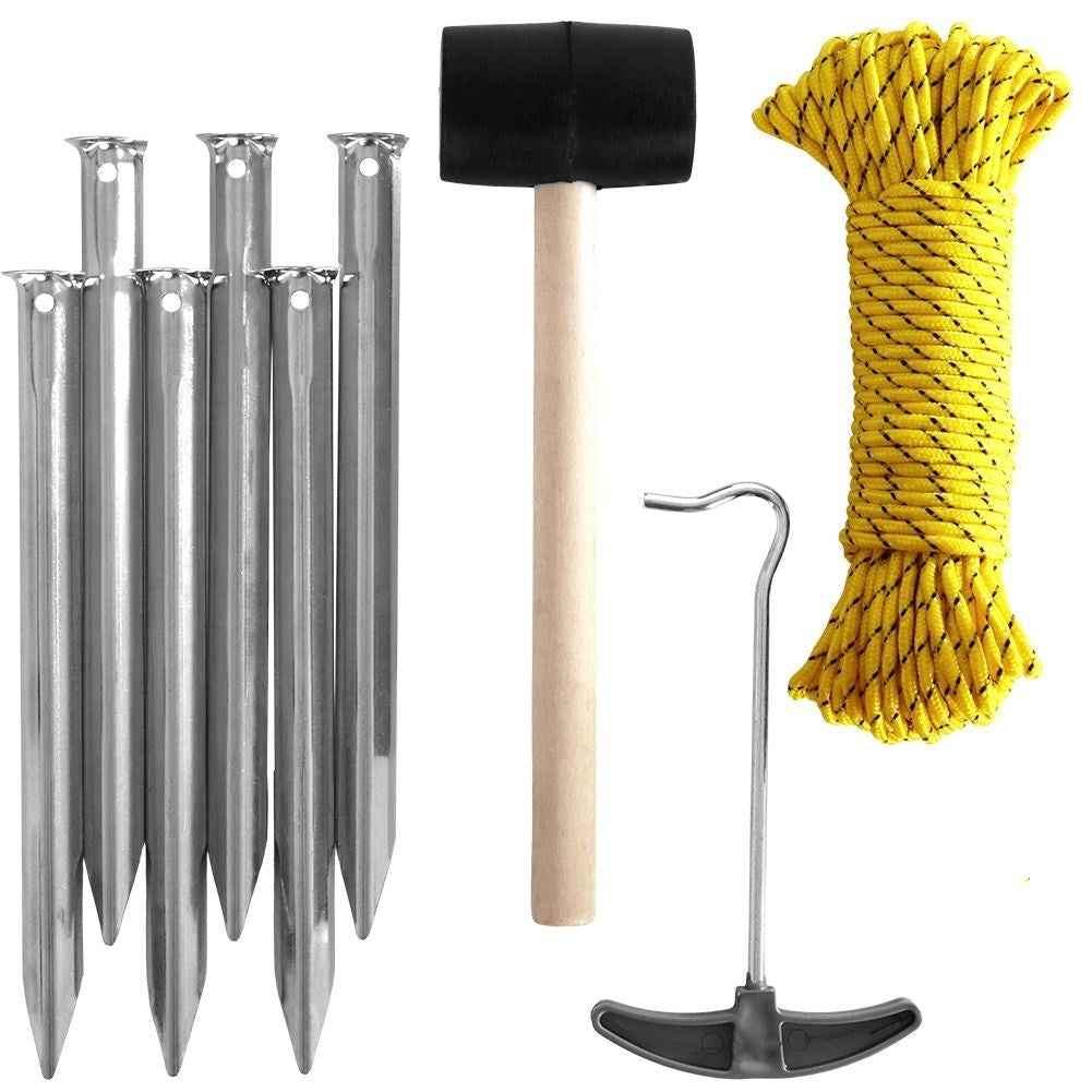 Complete camping kit 9 parts: hammer, rope, tent pegs, hook