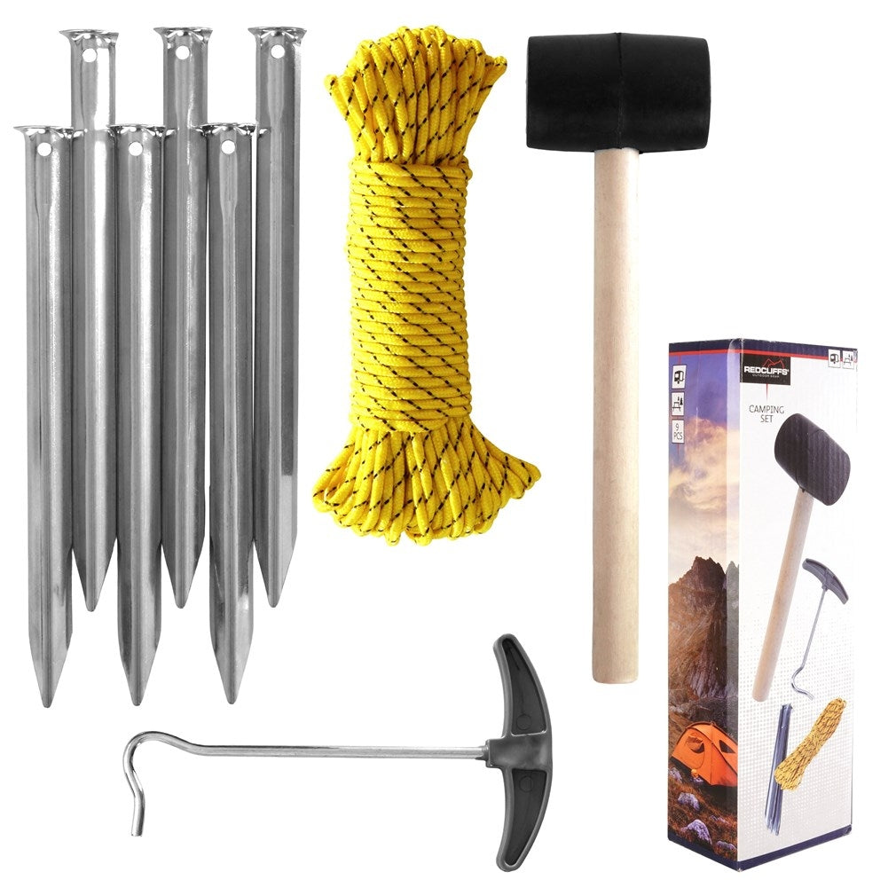 Complete camping kit 9 parts: hammer, rope, tent pegs, hook