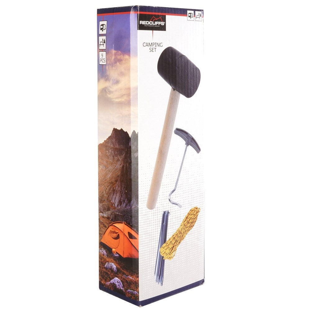 Complete camping kit 9 parts: hammer, rope, tent pegs, hook