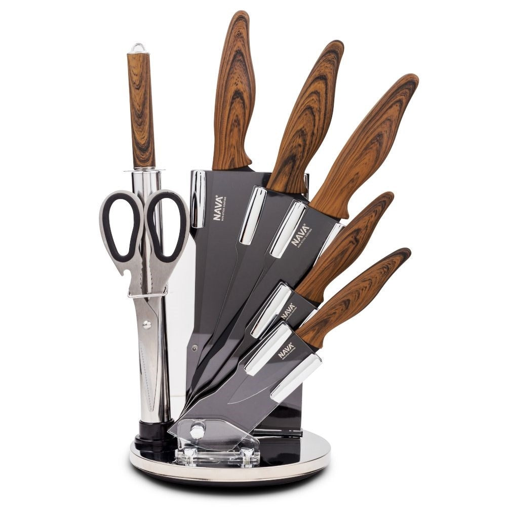 Complete kitchen knife set with non-stick coating and sharpening tool
