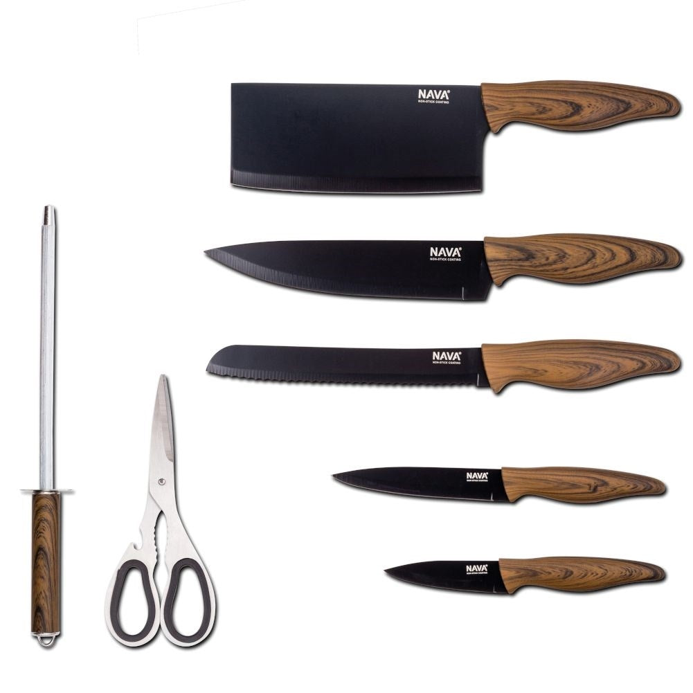 Complete kitchen knife set with non-stick coating and sharpening tool