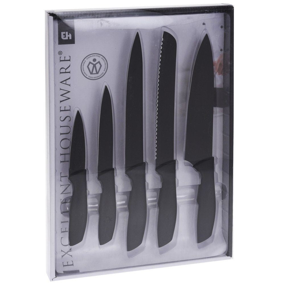 Complete set of 5 black kitchen knives - perfect grip