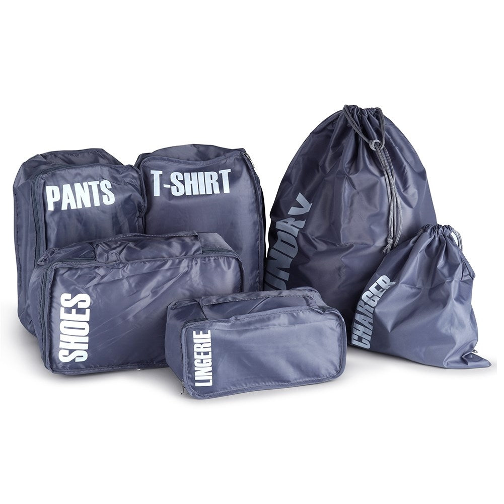 Complete set of travel organizers with six branded bags