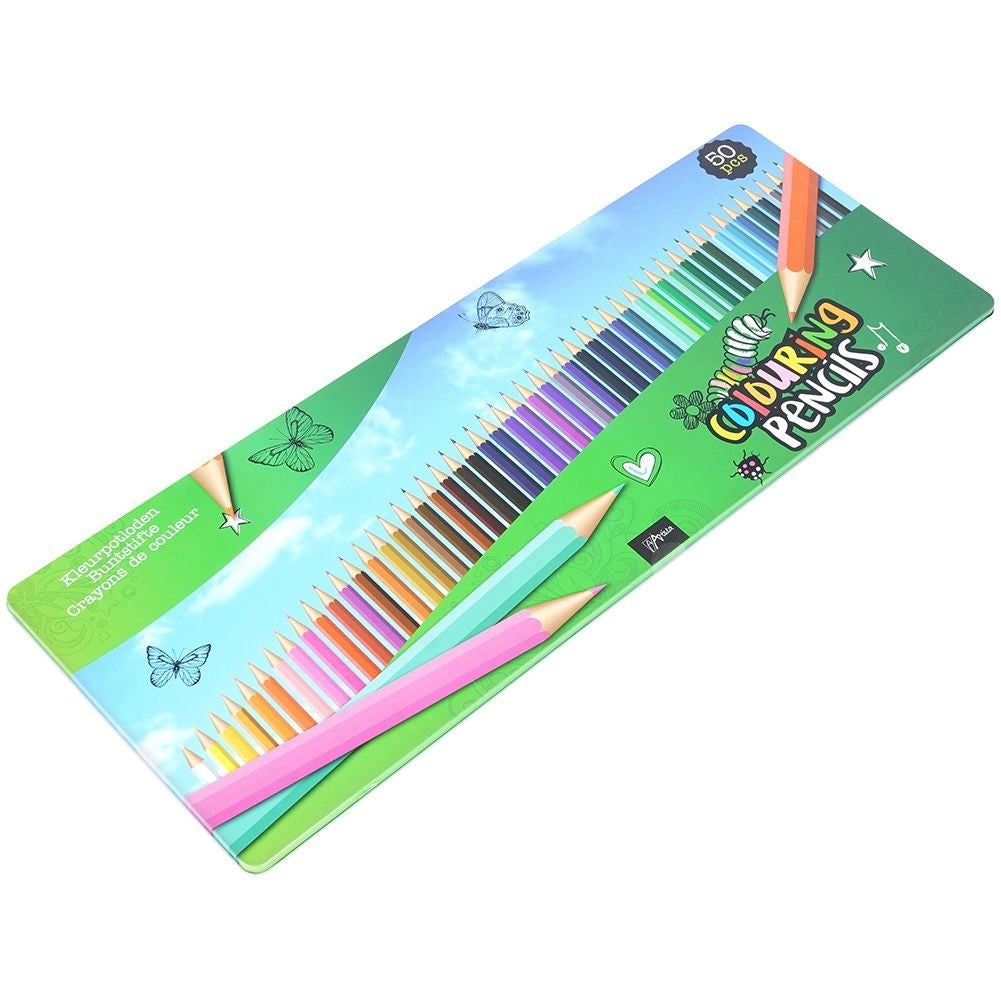 Complete set with 50 intense colored pencils in a metal box