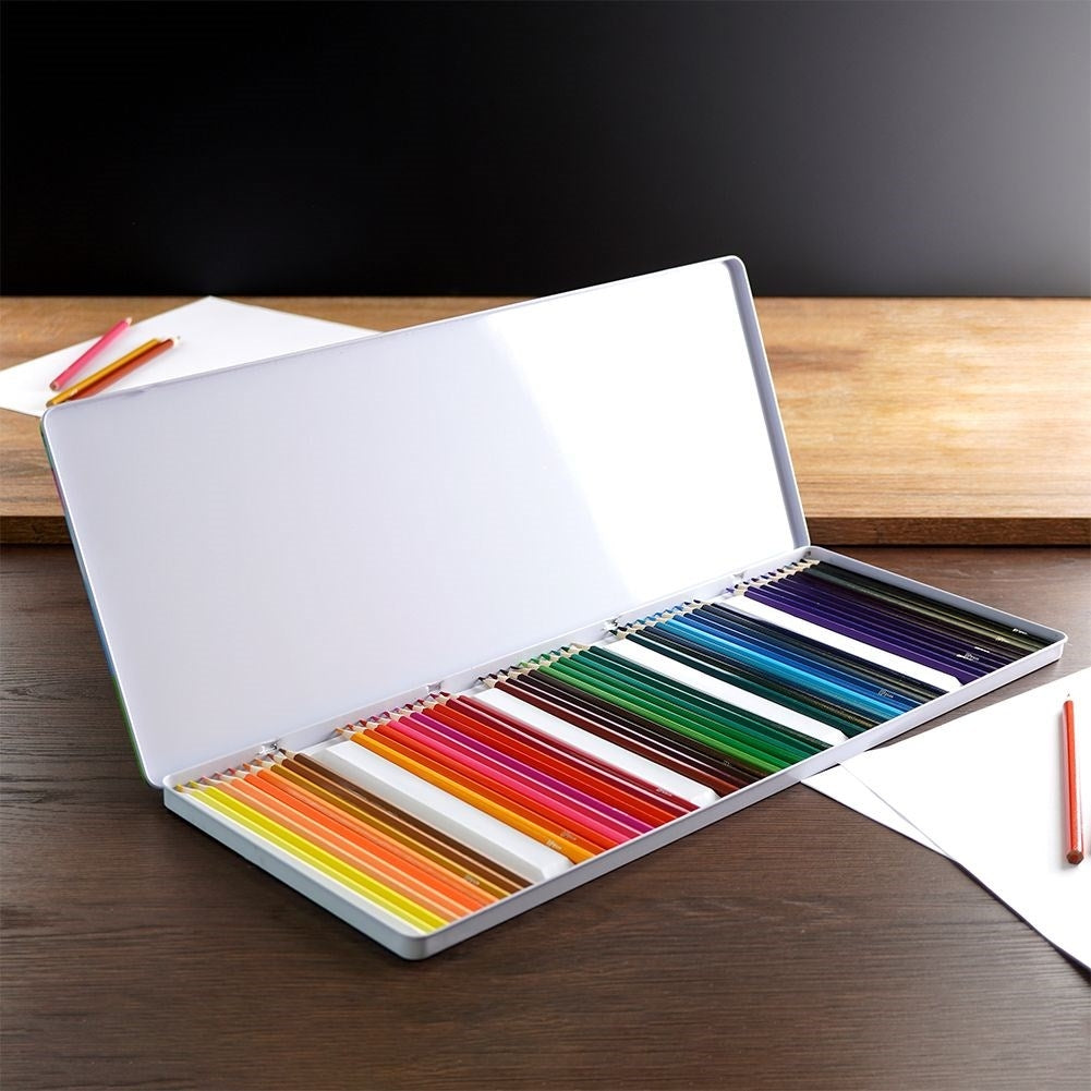 Complete set with 50 intense colored pencils in a metal box