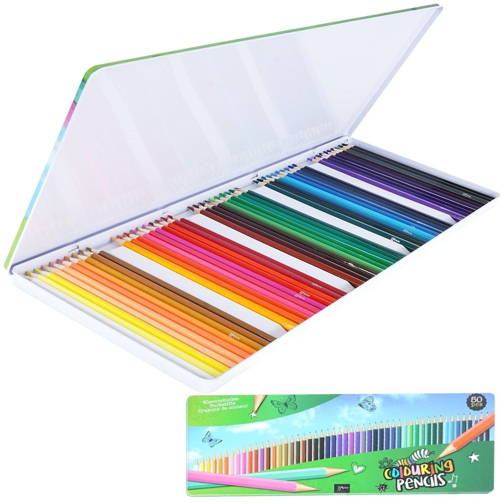 Complete set with 50 intense colored pencils in a metal box