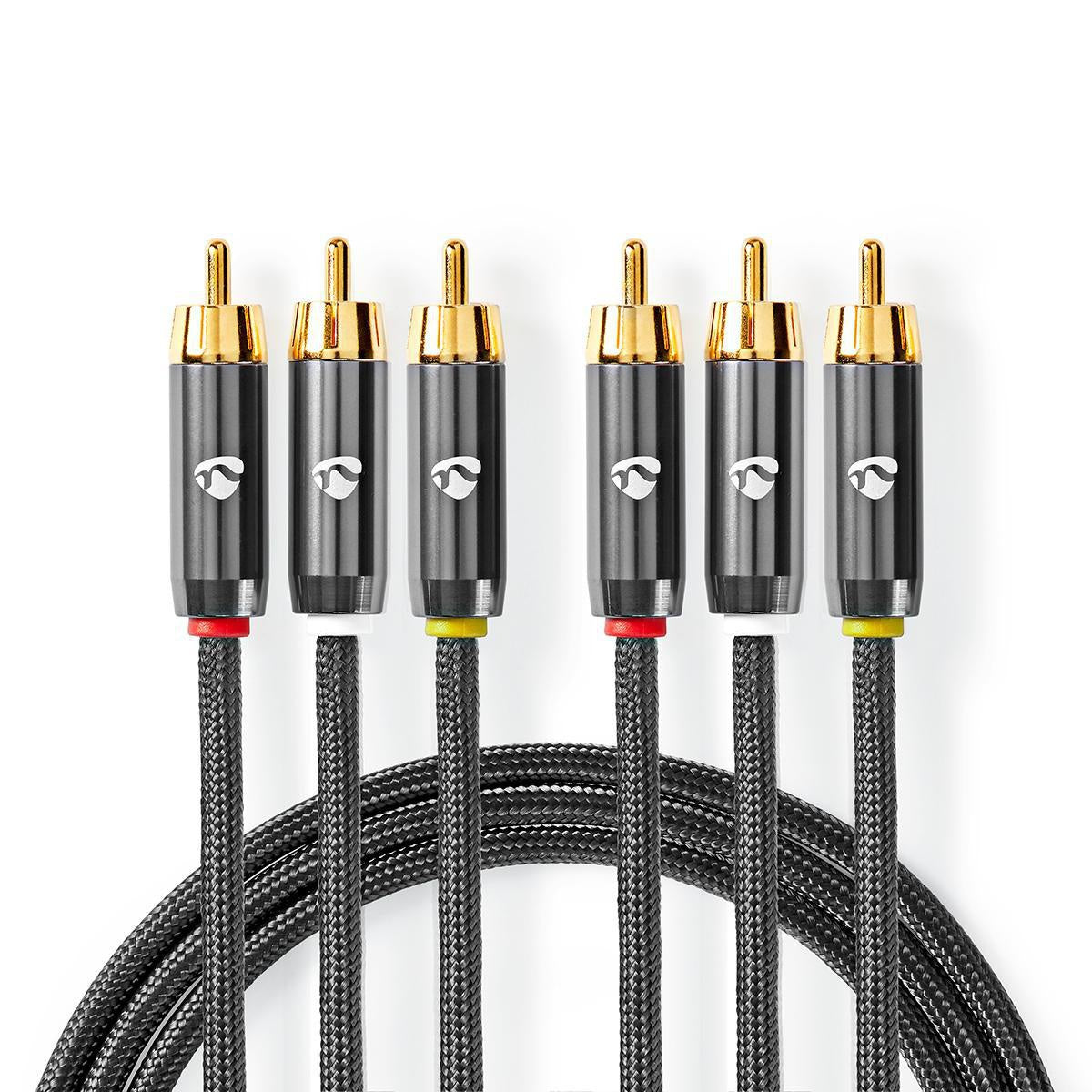 Composite Video Cable | 3x RCA Male | 3x RCA Male | Gold Plated | 480p | 2.00 m | Round | Cotton | Anthracite / Gray With Metal | Carton with covered window