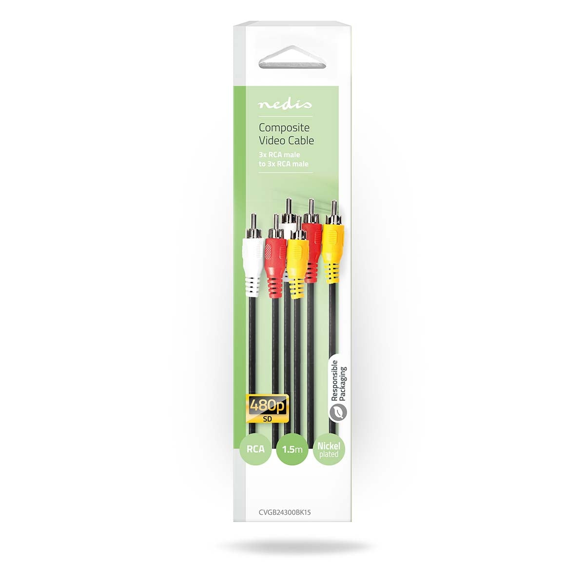 Composite Video Cable | 3x RCA Male | 3x RCA Male | Nickel Plated | 480p | 1.50 m | Round | PVC | Black | Box