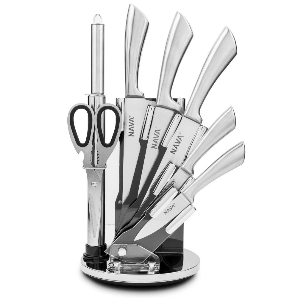 Comprehensive kitchen knife set in stainless steel with meat ax and scissors