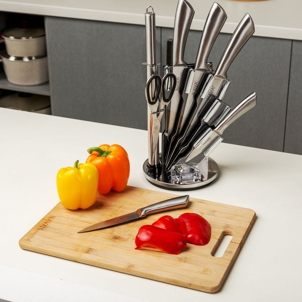 Comprehensive kitchen knife set in stainless steel with meat ax and scissors