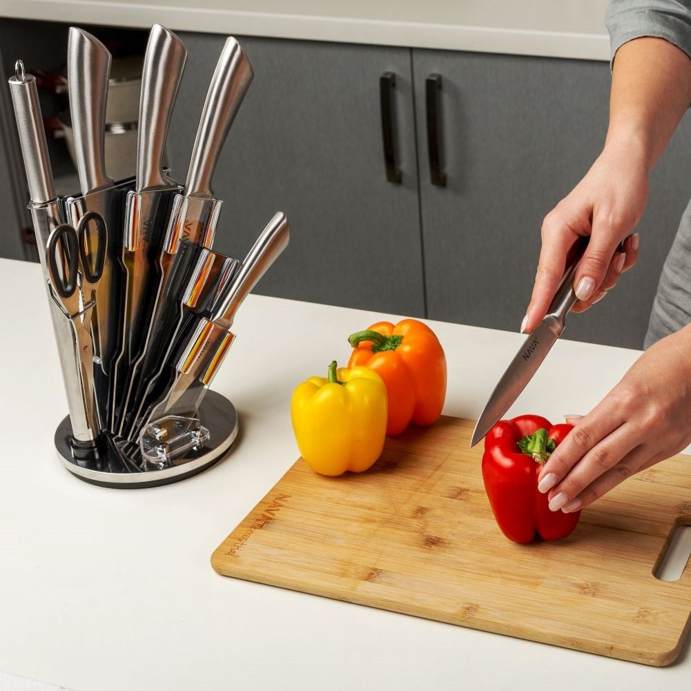 Comprehensive kitchen knife set in stainless steel with meat ax and scissors