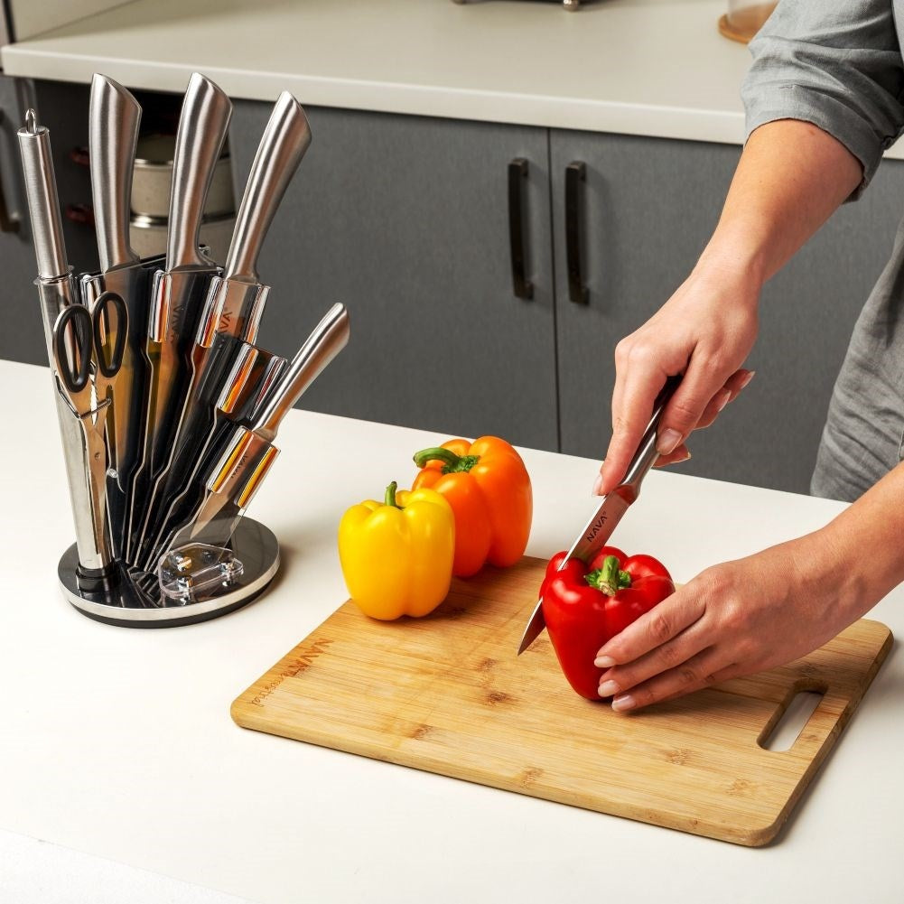 Comprehensive kitchen knife set in stainless steel with meat ax and scissors