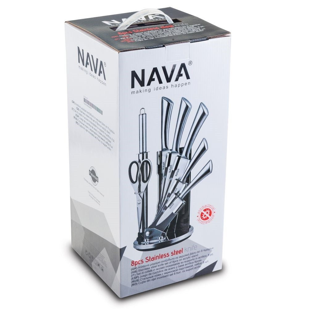 Comprehensive kitchen knife set in stainless steel with meat ax and scissors