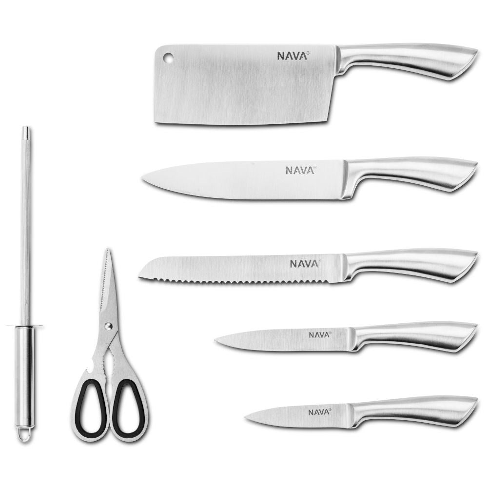 Comprehensive kitchen knife set in stainless steel with meat ax and scissors