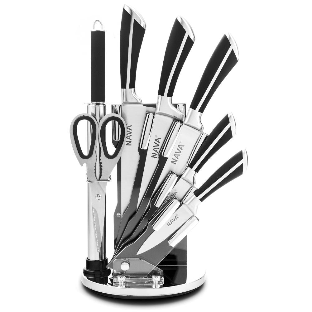 Comprehensive kitchen knife set with knives, meat axe, scissors and sharpener