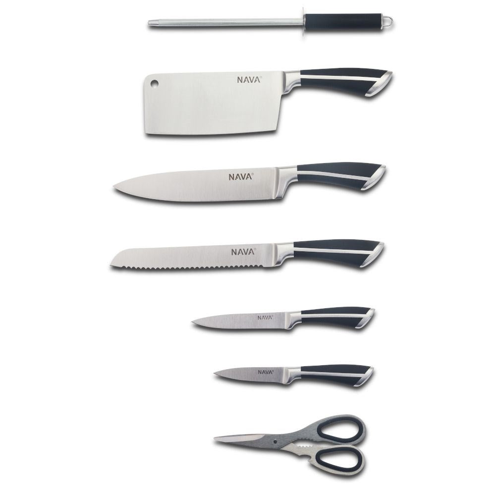 Comprehensive kitchen knife set with knives, meat axe, scissors and sharpener
