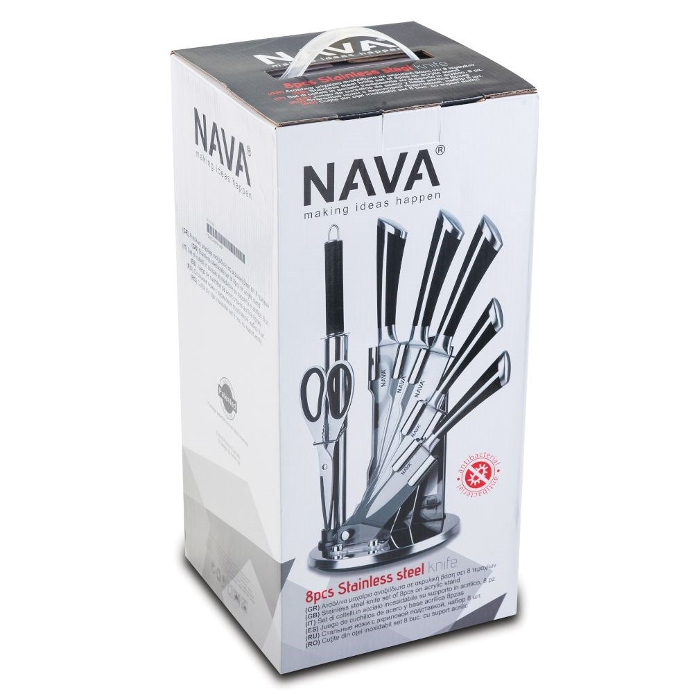 Comprehensive kitchen knife set with knives, meat axe, scissors and sharpener
