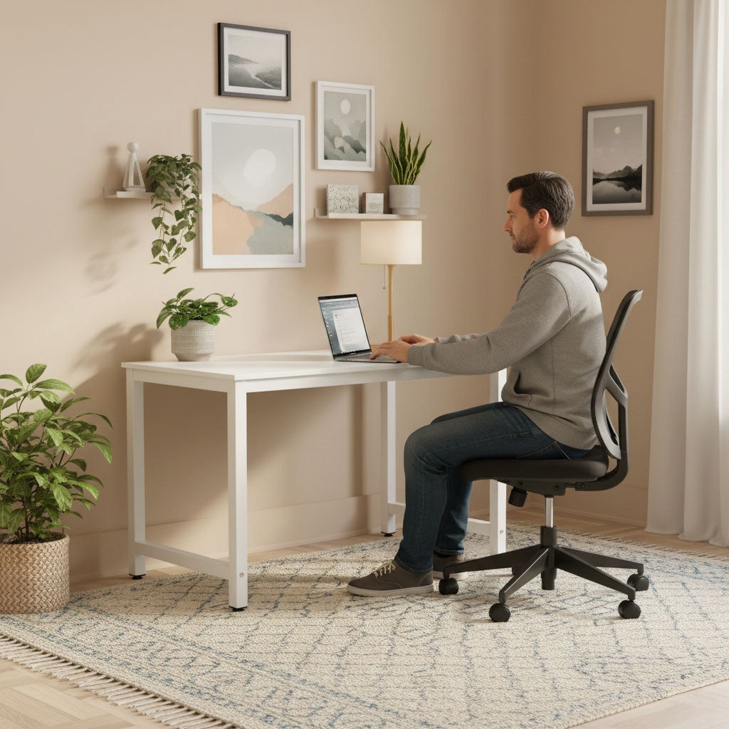 Computer Desk 120x60 cm, White MDF, Metal Frame
