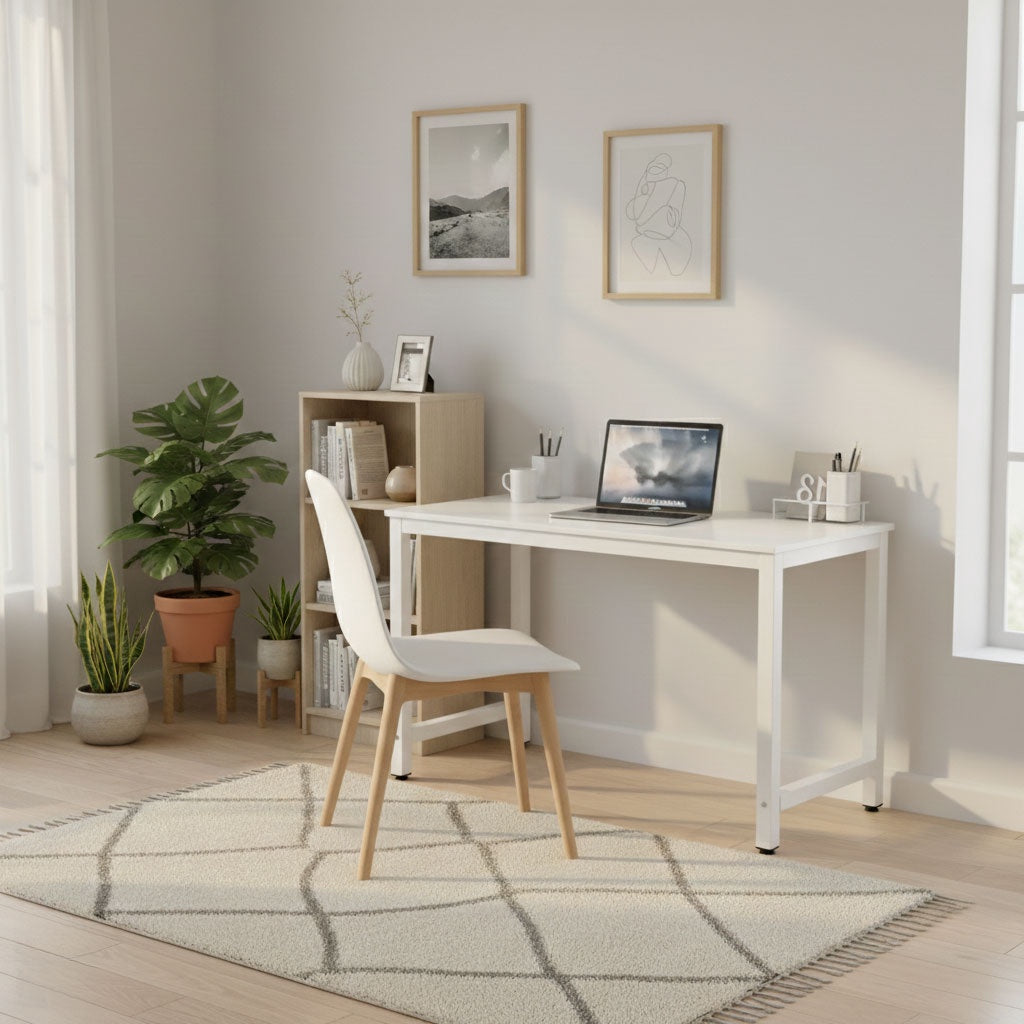 Computer Desk 120x60 cm, White MDF, Metal Frame
