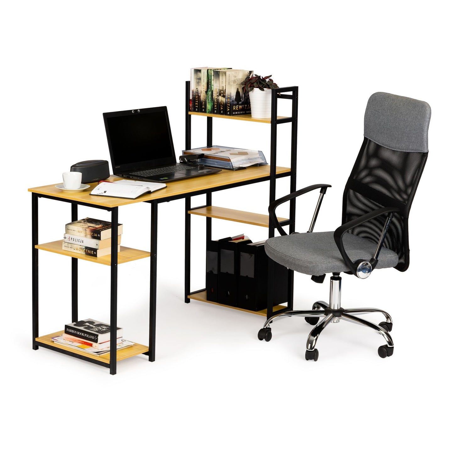 Computer desk loft table shelves light oak