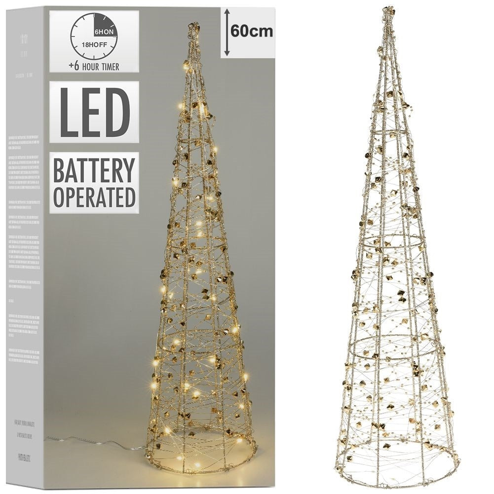 Cone-shaped Christmas tree, 60 cm, 30 LED lights, gold decorations