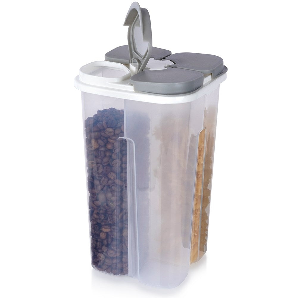 Container for dry goods with 4 compartments and dosing lid