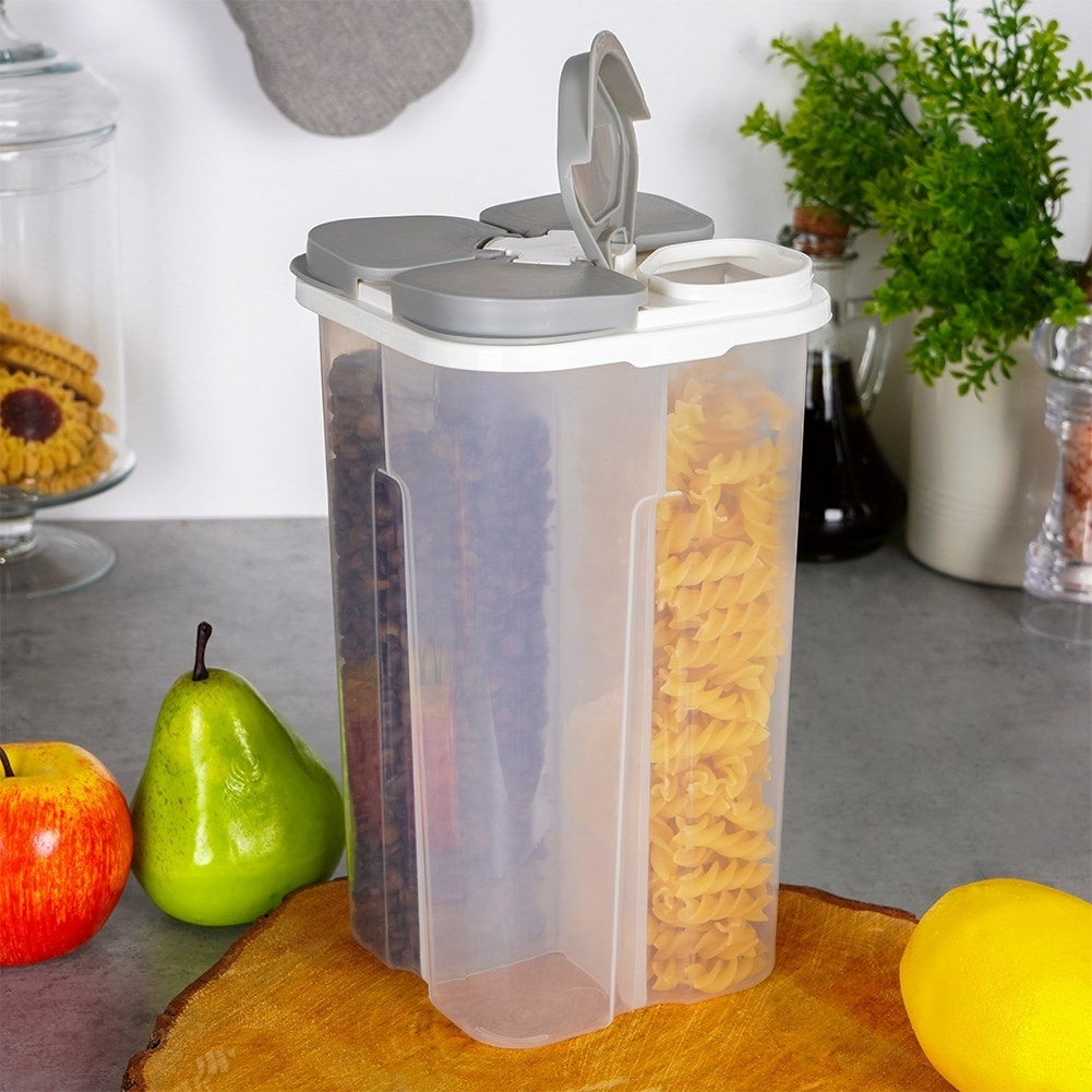 Container for dry goods with 4 compartments and dosing lid
