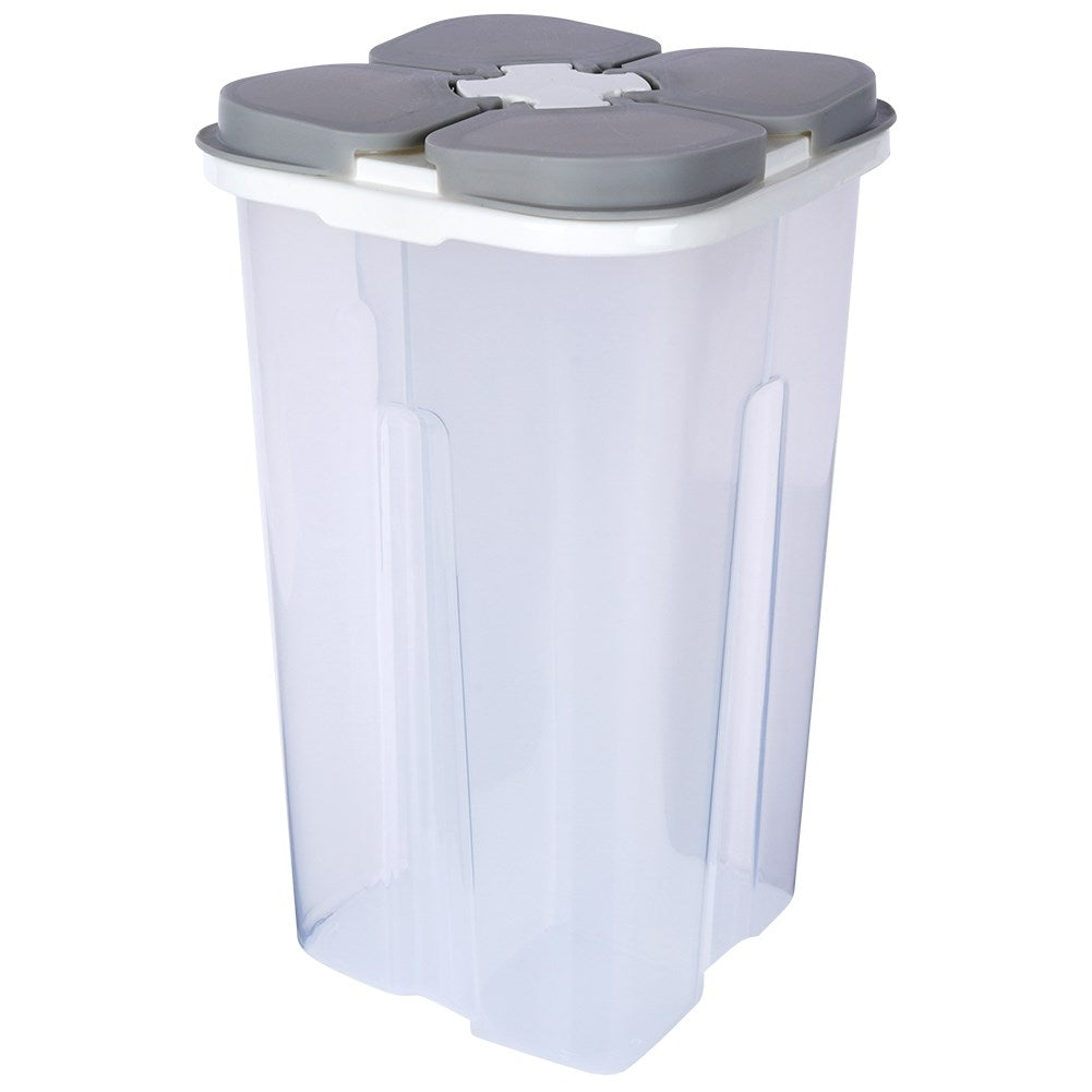 Container for dry goods with 4 compartments and dosing lid