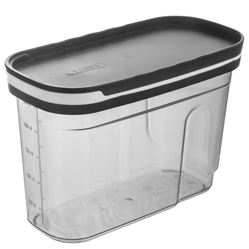 Container with dosing lid and measuring scale for dry goods